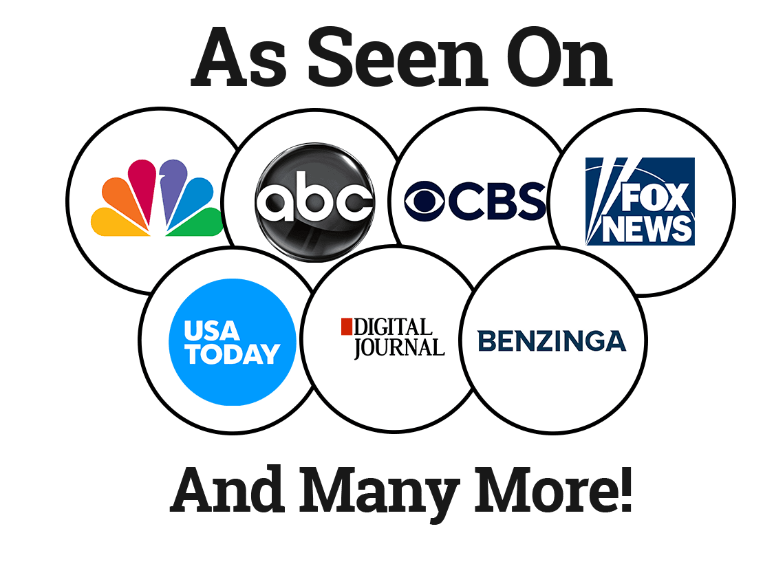 As Seen On image featuring NBC, ABC, CBS, Fox News, USA Today, Digital Journal, Benzinga, and many more.