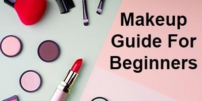 Various pieces of makeup with words that reads "Makeup Guide For Beginners"