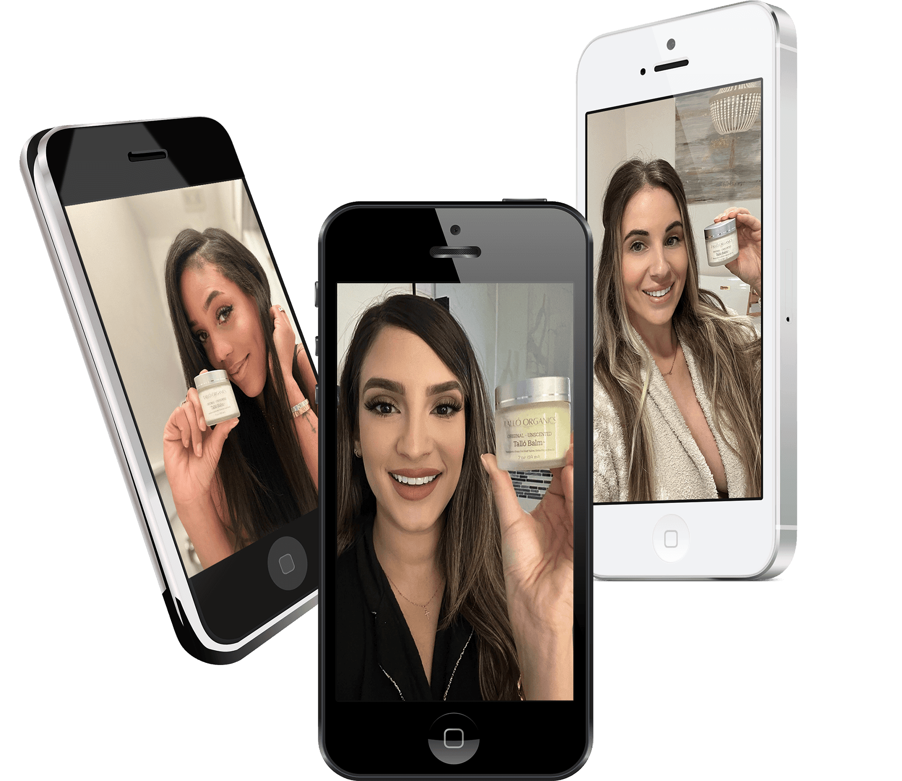 User photos where they users are holding their jars of Tallo Balm. Photos include: Bria Brown (Left), Fernanda Scherrer (Bottom), Jennifer Lack Hannan (Right)