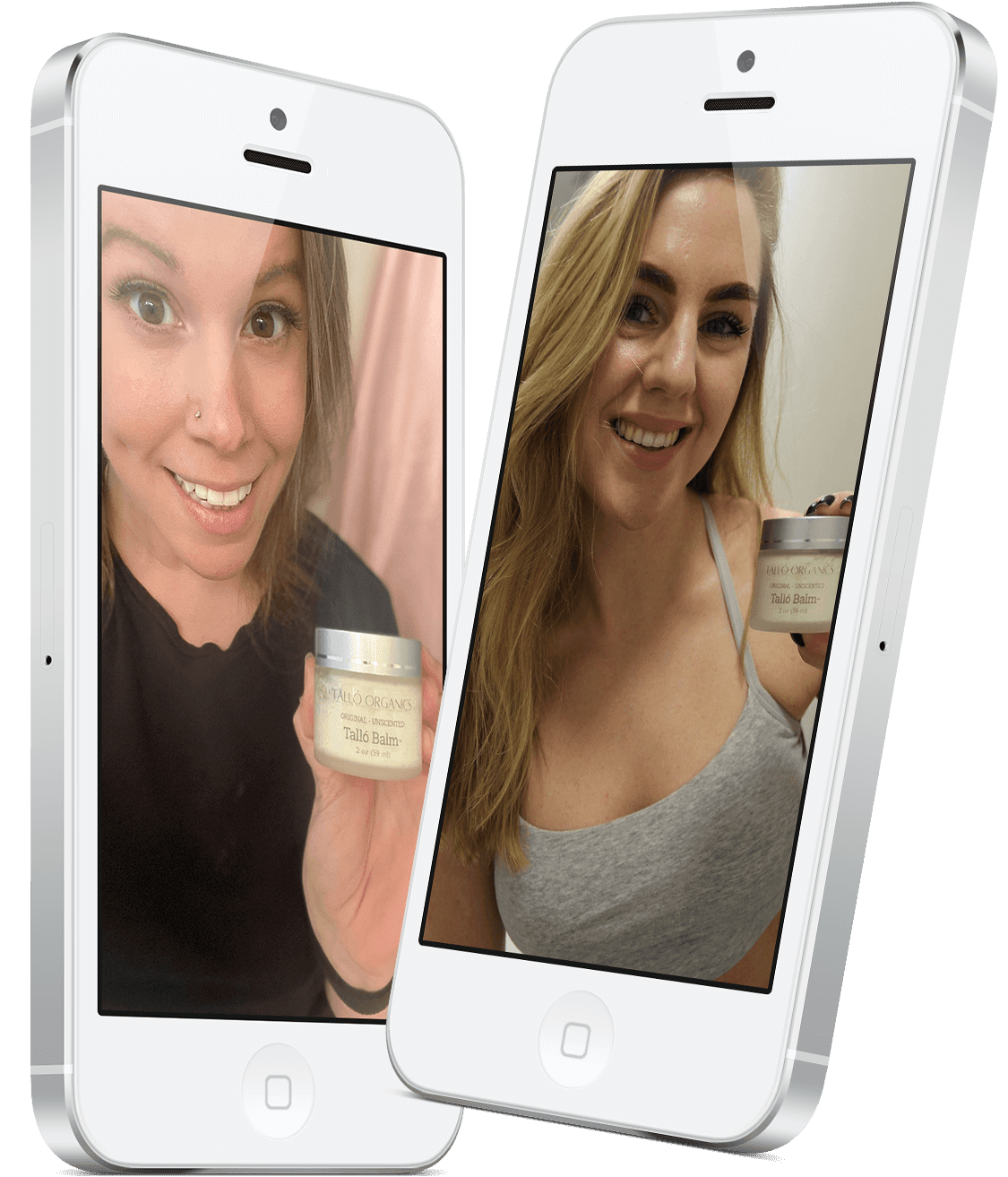 Photos of users holding their jars of Tallo Balm. Credit: Danielle Ganze (Left) and Daria Samarska (Right)